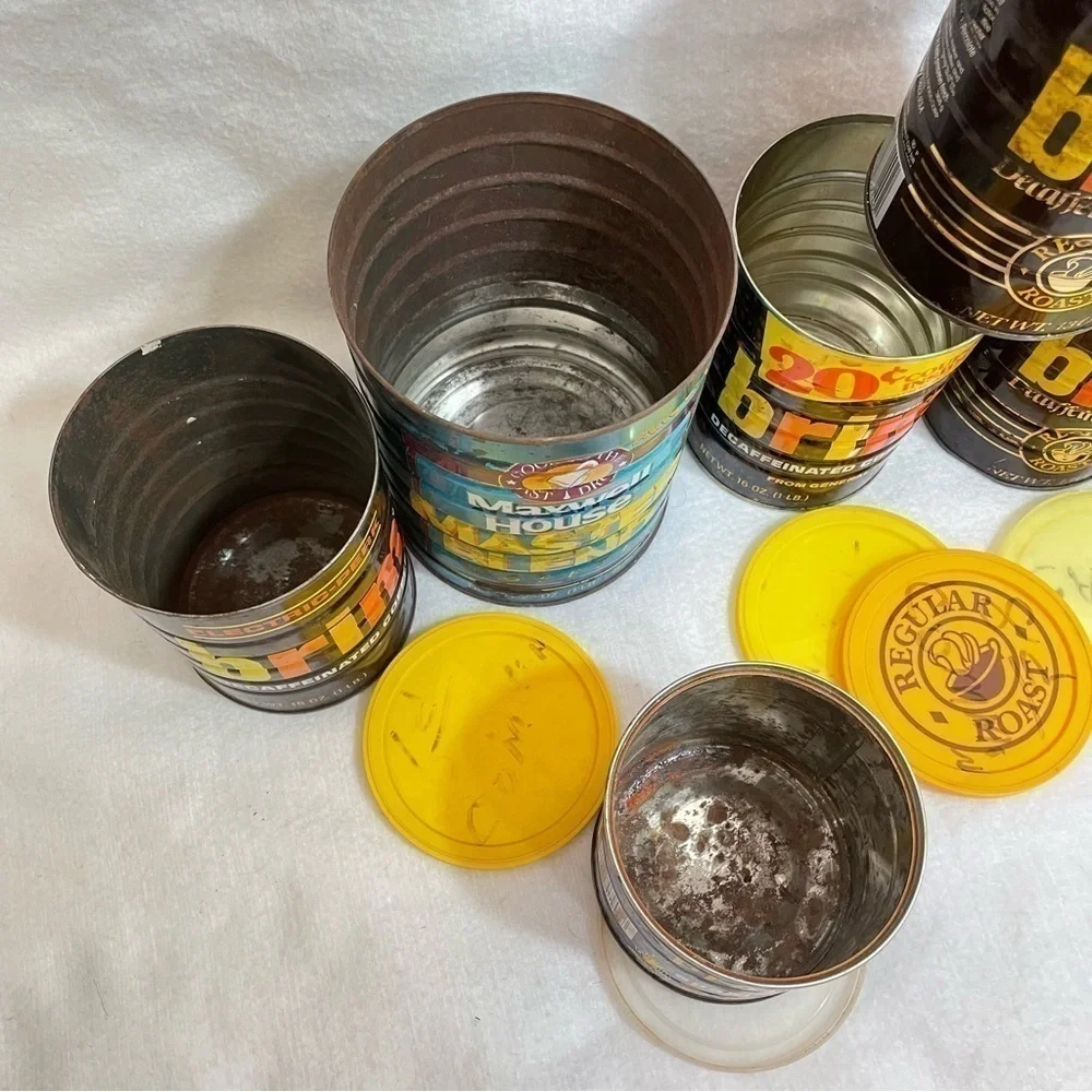 Vintage coffee cans from the 70s Brim, Maxwell House, Planters Peanuts 7 pieces
